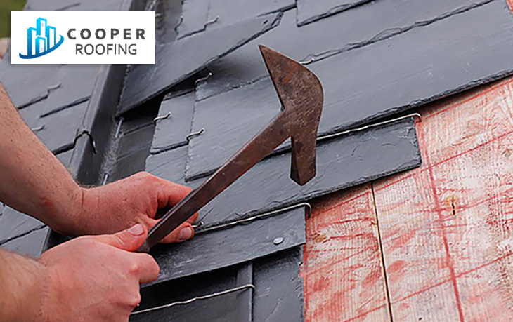 Close-up view of Natural slate roof installation